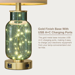 22" Glass Table Lamps Set of 2 with LED Night Light & USB Ports