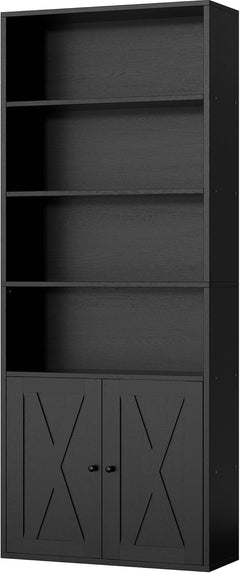 6-Shelf Bookcase with Doors – Metal & Wood Display Storage Shelf