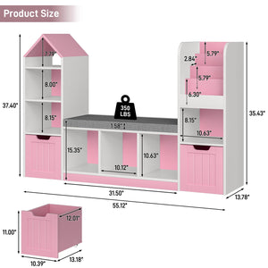 Kids Bookcase with Reading Nook – 7 Cubbies, 2 Drawers & Seat Cushion