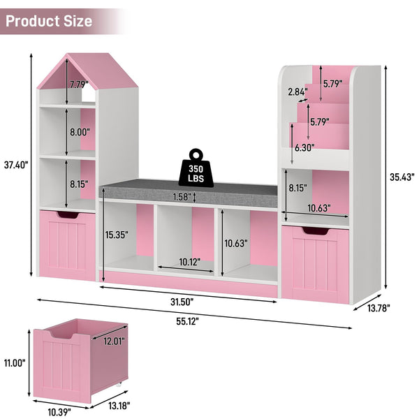 Kids Bookcase with Reading Nook – 7 Cubbies, 2 Drawers & Seat Cushion