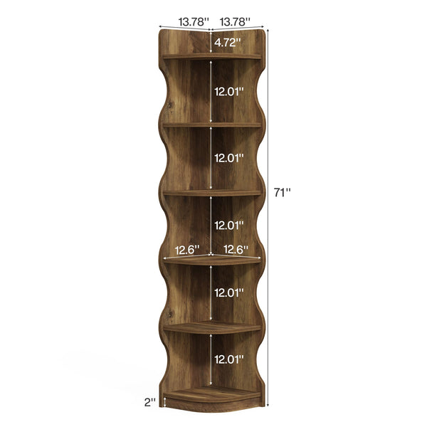 6-Tier Corner Bookshelf with Wave-Shaped Design, 71" Tall