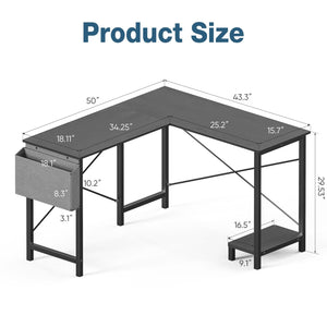 L-Shaped Corner Desk 50 Inch with Side Bag and Reversible CPU Shelf