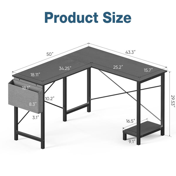 L-Shaped Corner Desk 50 Inch with Side Bag and Reversible CPU Shelf