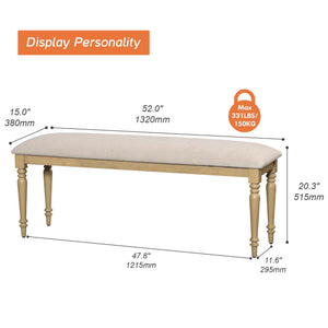 52" Oak Farmhouse Dining Bench with Padded Seat & Solid Wood Legs