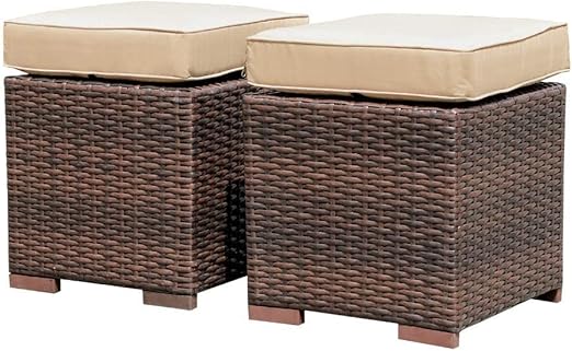 Square Wicker Ottoman Set of 2 with Cushions – Outdoor & Indoor