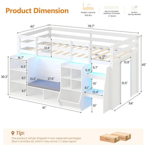 Twin Low Loft Bed with Storage, LED Lights & Reading Nook