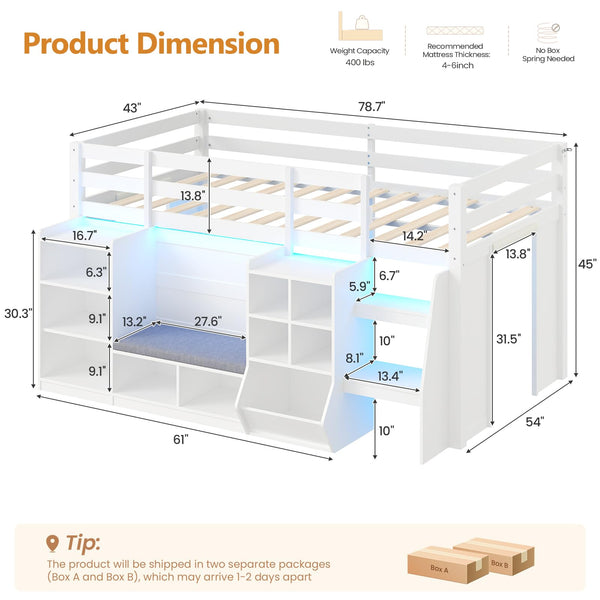 Twin Low Loft Bed with Storage, LED Lights & Reading Nook