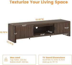 Mid Century Modern TV Stand with Waveform Fluted Doors, 63 Inch