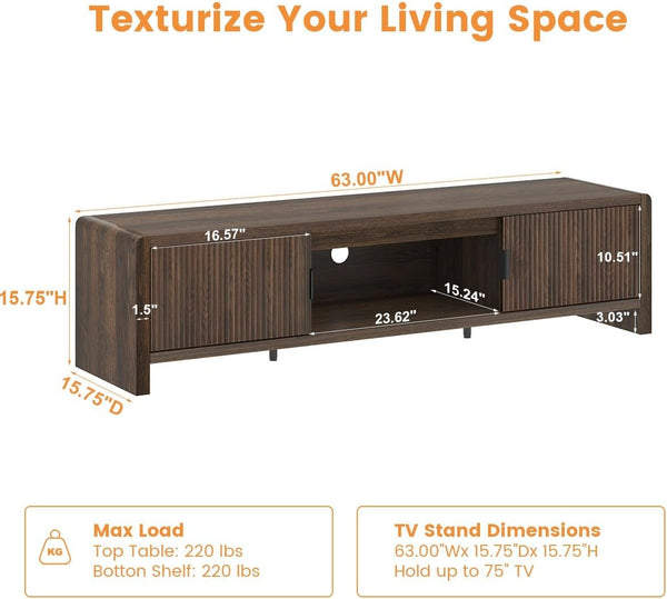 Mid Century Modern TV Stand with Waveform Fluted Doors, 63 Inch