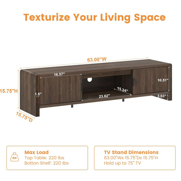 Mid Century Modern TV Stand with Waveform Fluted Doors, 63 Inch