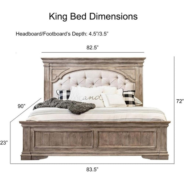 King Panel Bed – Upholstered Headboard, Distressed Driftwood Finish