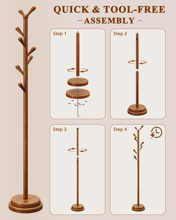 Solid Wood Freestanding Coat Rack with 8 Hooks