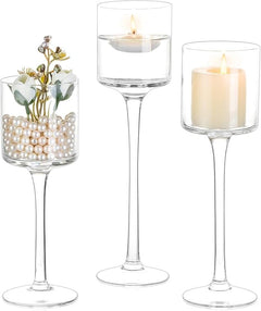 Glass Candle Holders Set – Clear Long Stem Tall Holders for Table Centerpieces