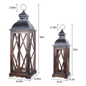 Large Farmhouse Wooden Metal Lantern Set of 2 - Rustic Indoor Outdoor Hanging Candle Lanterns