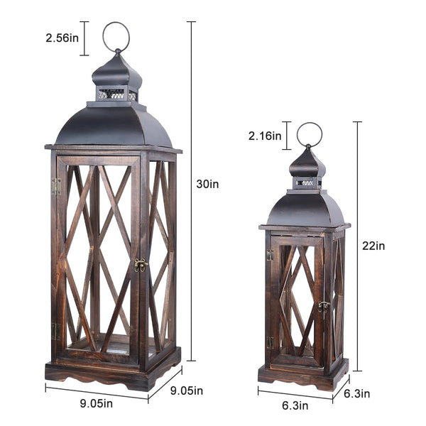 Large Farmhouse Wooden Metal Lantern Set of 2 - Rustic Indoor Outdoor Hanging Candle Lanterns