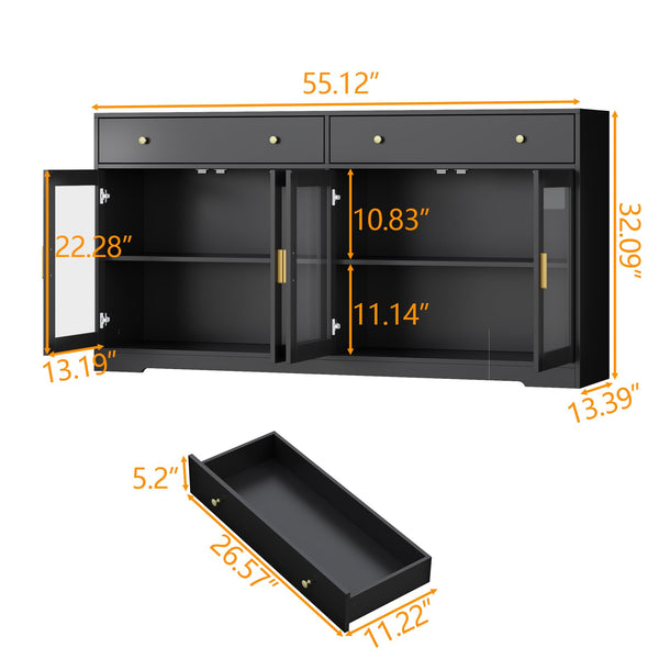 55" Sideboard Buffet Cabinet with LED Lights & Glass Doors