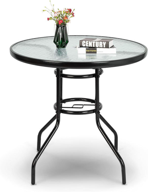 Glass Patio Table with Umbrella Hole – Tempered Glass Outdoor Dining Table