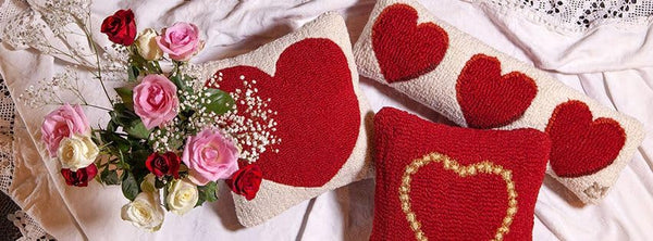 Three Hearts Hand-Hooked Wool Throw Pillow 8 x 24 Inch