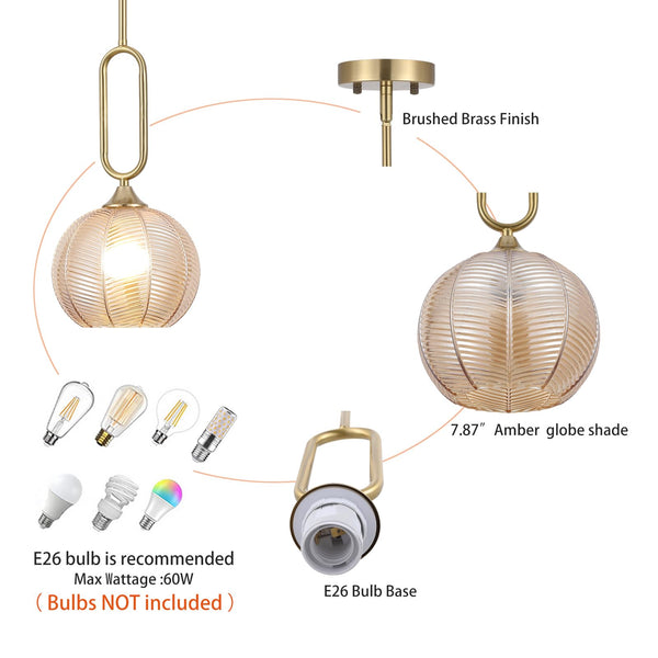 Amber Globe Pendant Light with Brushed Brass Rods