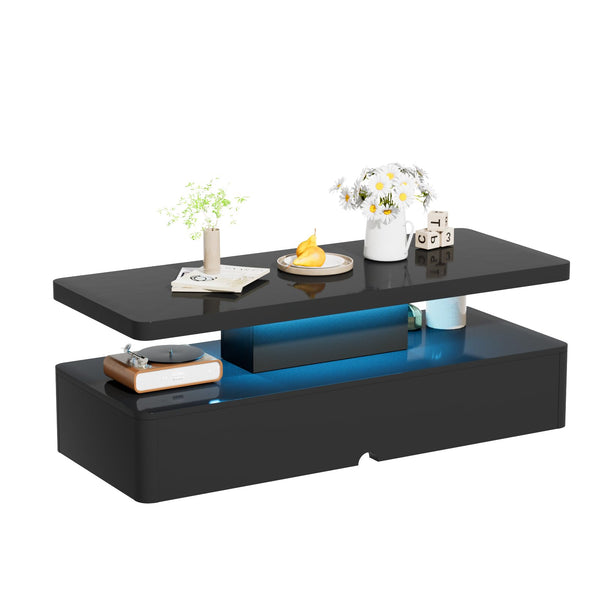 LED Coffee Table with Storage & Double-Layer Shelves