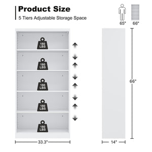 5-Tier Tall Metal Bookcase with Adjustable Shelves
