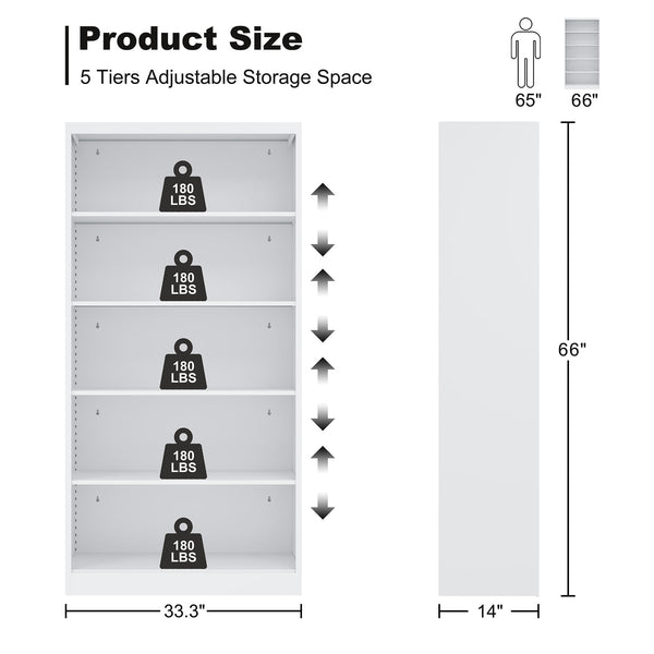 5-Tier Tall Metal Bookcase with Adjustable Shelves