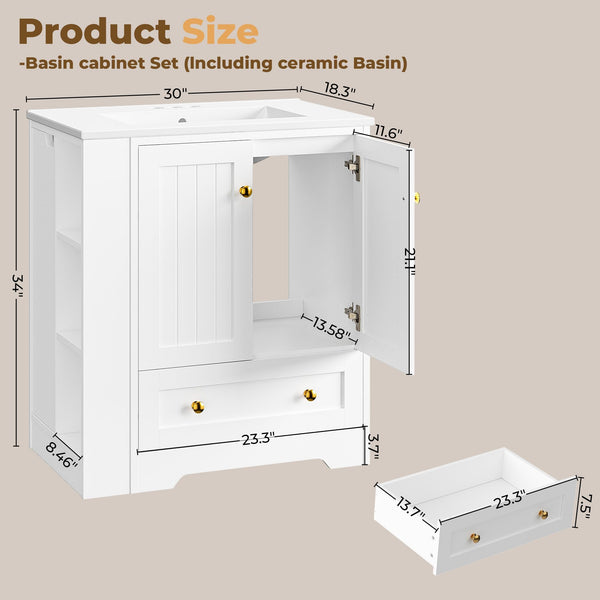 30-Inch Bathroom Vanity with Ceramic Sink and Side Storage