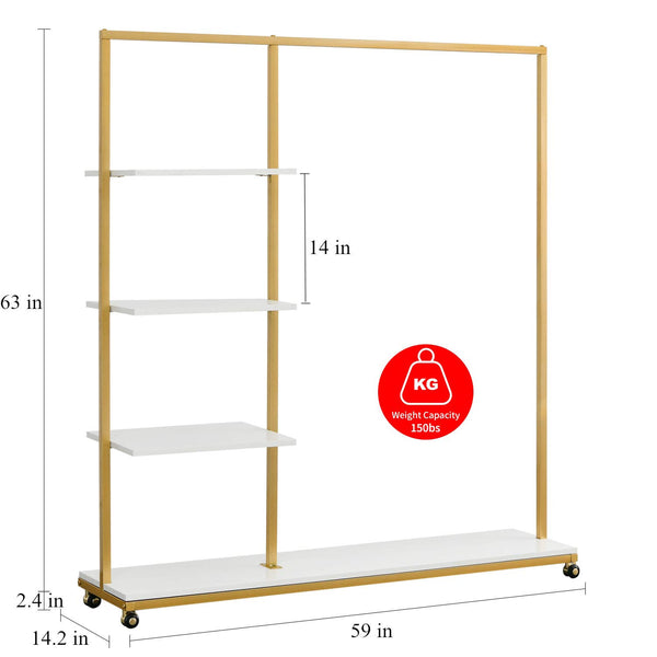 Gold Clothes Racks with 4-Tier Wood Shelves, Modern Freestanding Gold Clothing Racks for Hanging Clothes Display Racks,Rolling Clothing Racks for Boutique, Cloth Store