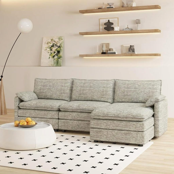 Modular Sectional Sofa with Ottoman – L-Shaped Cloud Couch, Deep Seat, Chenille Fabric