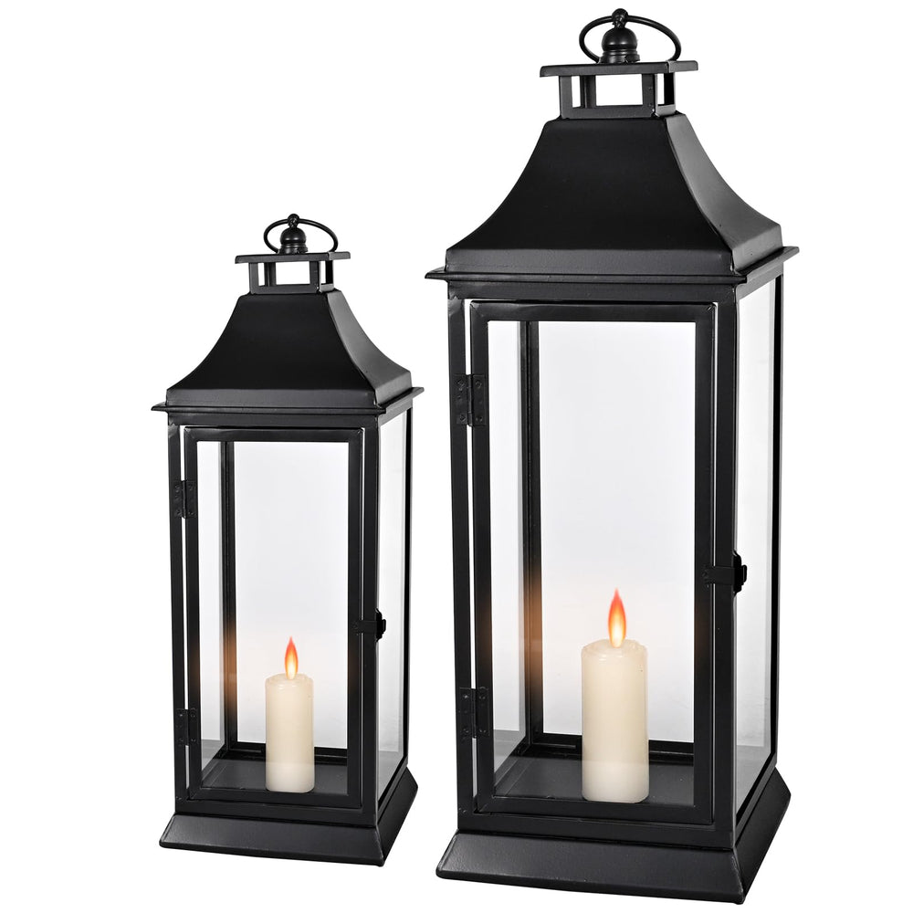 Black Metal Candle Lantern Set of 2 with Glass Panels