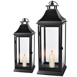 Black Metal Candle Lantern Set of 2 with Glass Panels