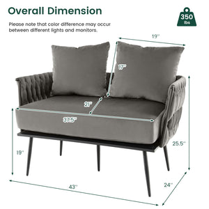 Woven Loveseat Sofa with Velvet Cushion & Metal Legs