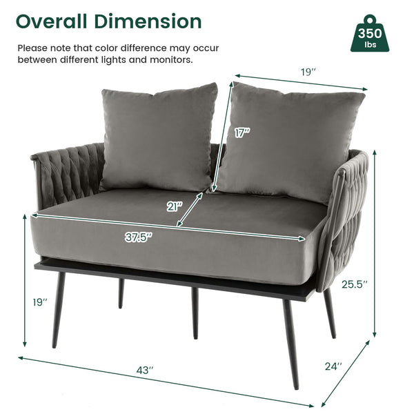 Woven Loveseat Sofa with Velvet Cushion & Metal Legs
