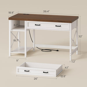 Small Desk with Drawers, Storage Shelves & Built-In Power Outlet