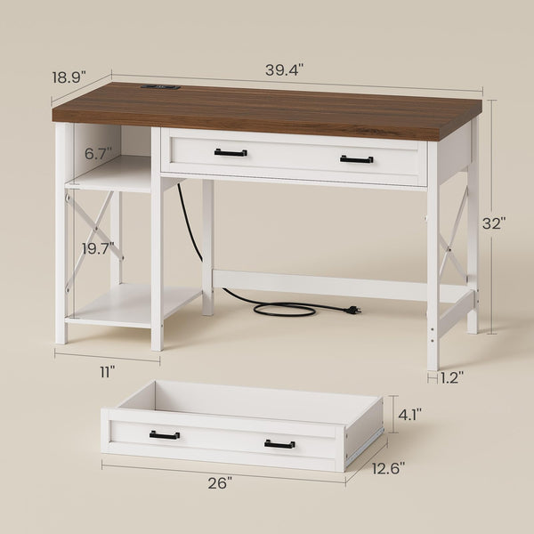 Small Desk with Drawers, Storage Shelves & Built-In Power Outlet