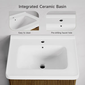 24" Fluted Bathroom Vanity with Integrated Ceramic Sink & 3 Drawers