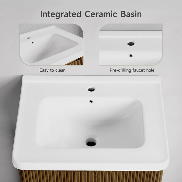 24" Fluted Bathroom Vanity with Integrated Ceramic Sink & 3 Drawers