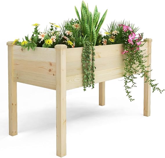 Elevated Wood Raised Garden Bed with Storage Shelf