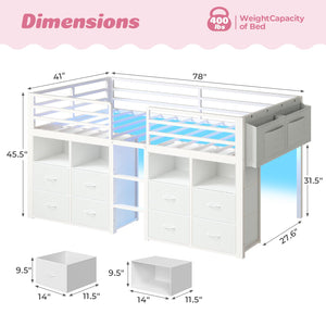 Low Loft Bed Twin with Storage Drawers, Bookcase & LED Lights
