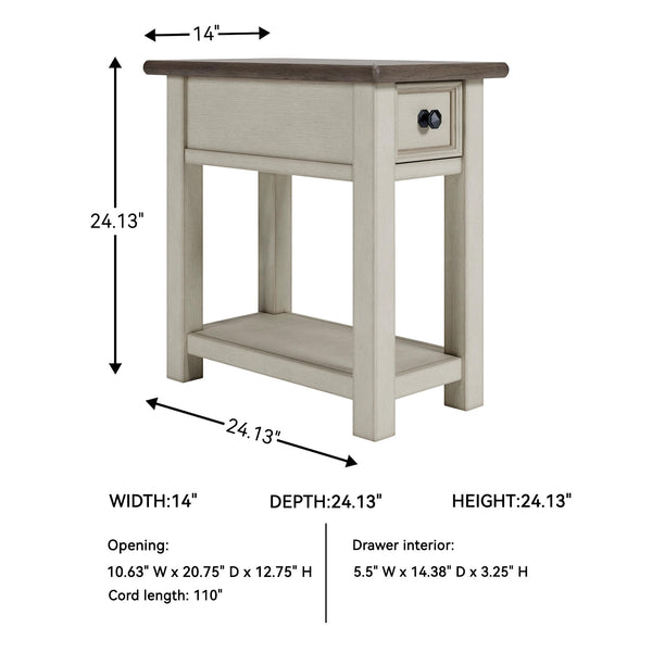 Farmhouse Chairside End Table with Charging Station and Drawer