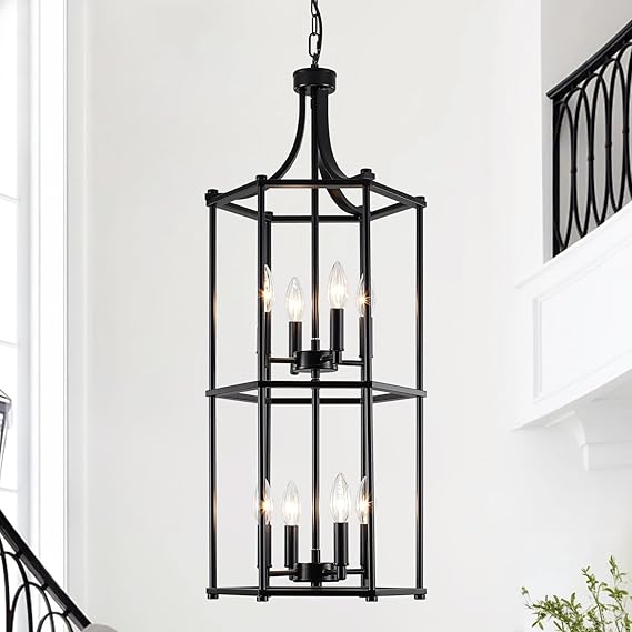 Black Lantern Chandelier – 8-Light Foyer Pendant for High Ceilings