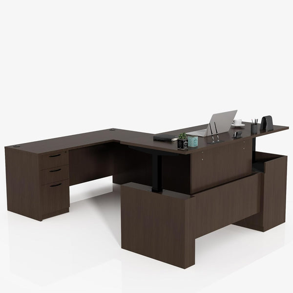 L-Shaped Height Adjustable Executive Standing Desk with Lockable Cabinets