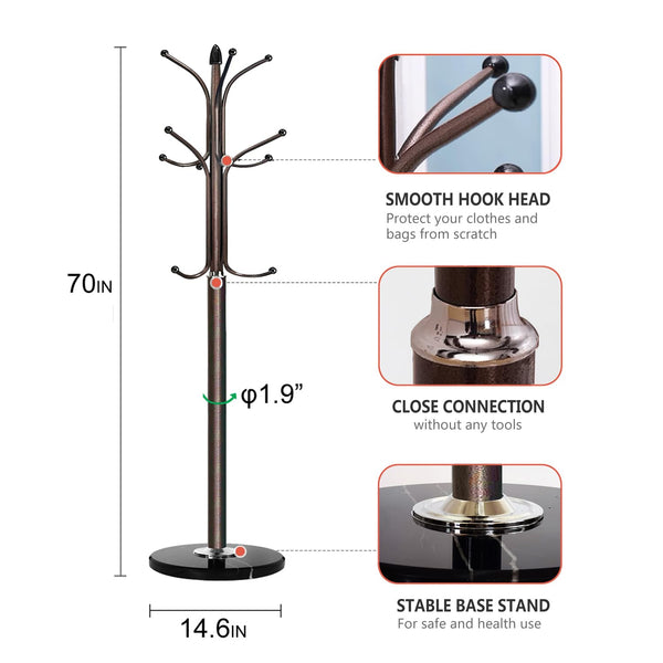 Metal Coat Rack Stand with Marble Base – 12 Hooks