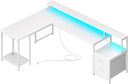 L-Shaped Gaming & Office Desk with LED Lights, Power Outlets, Drawers & Monitor Stand