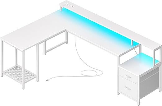 L-Shaped Gaming & Office Desk with LED Lights, Power Outlets, Drawers & Monitor Stand
