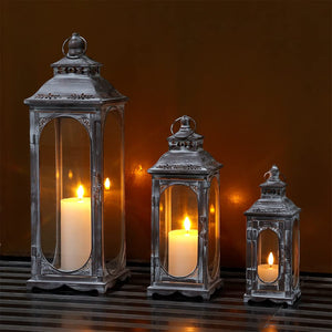 Set of 3 Vintage Metal Candle Lanterns with Tempered Glass – 10"/14"/19.5"H