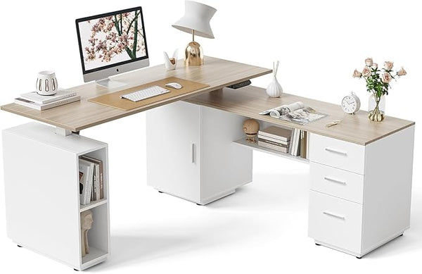 L-Shaped Electric Standing Desk with Drawers & Shelves