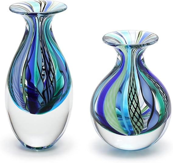 Hand Blown Glass Vases Set of 2 — Boho Murano Style Art Glass