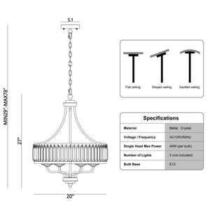 Modern Black Crystal Chandelier 5-Light Adjustable Height