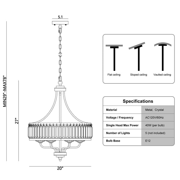 Modern Black Crystal Chandelier 5-Light Adjustable Height